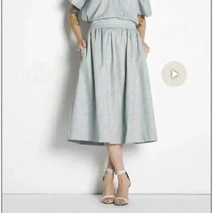 ACHRO Womens High Waisted Midi Pleated Pinstripe Skirt Sz S NWT Career Luxury